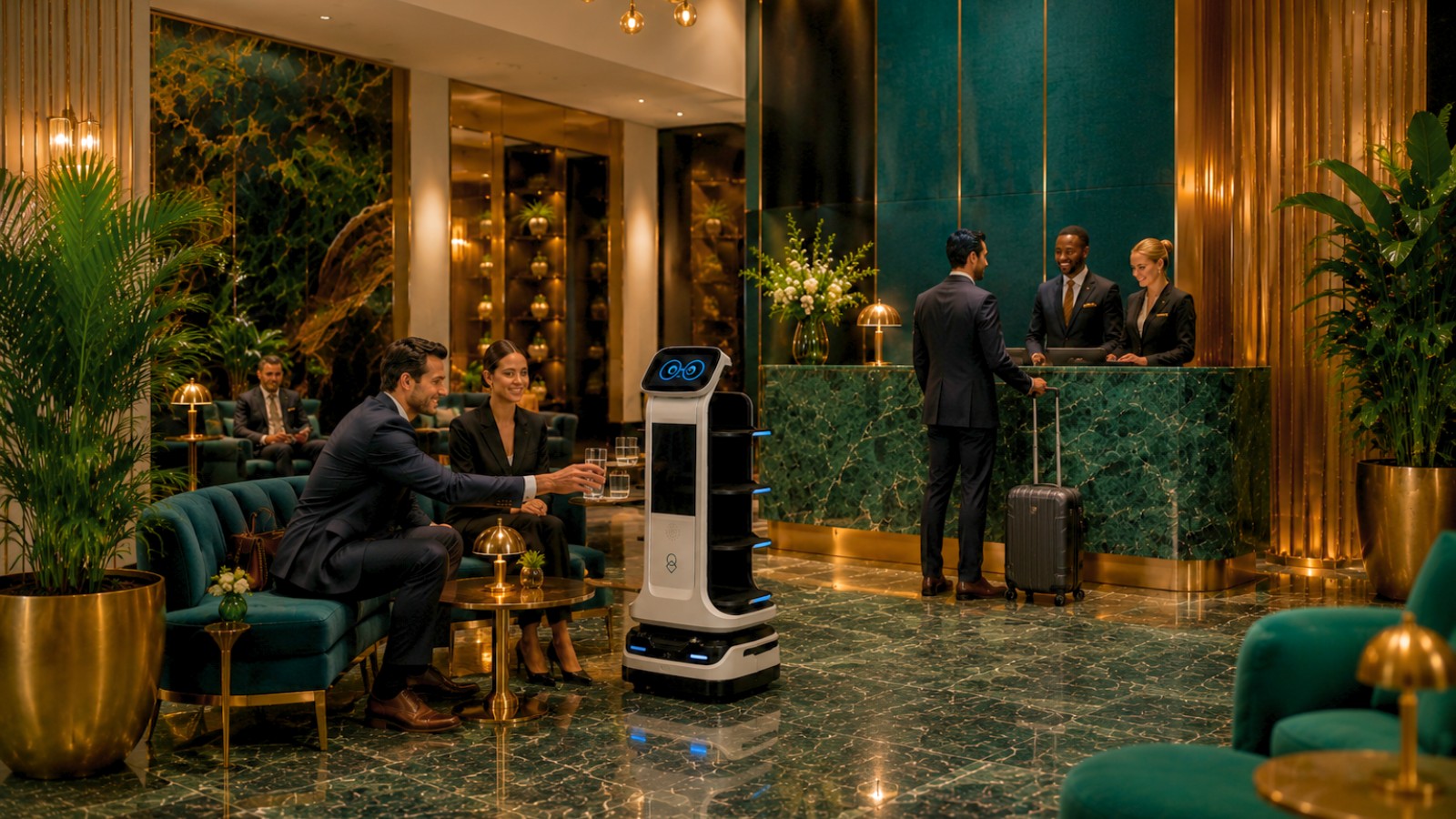 Service robots in a hospitality environment working alongside staff