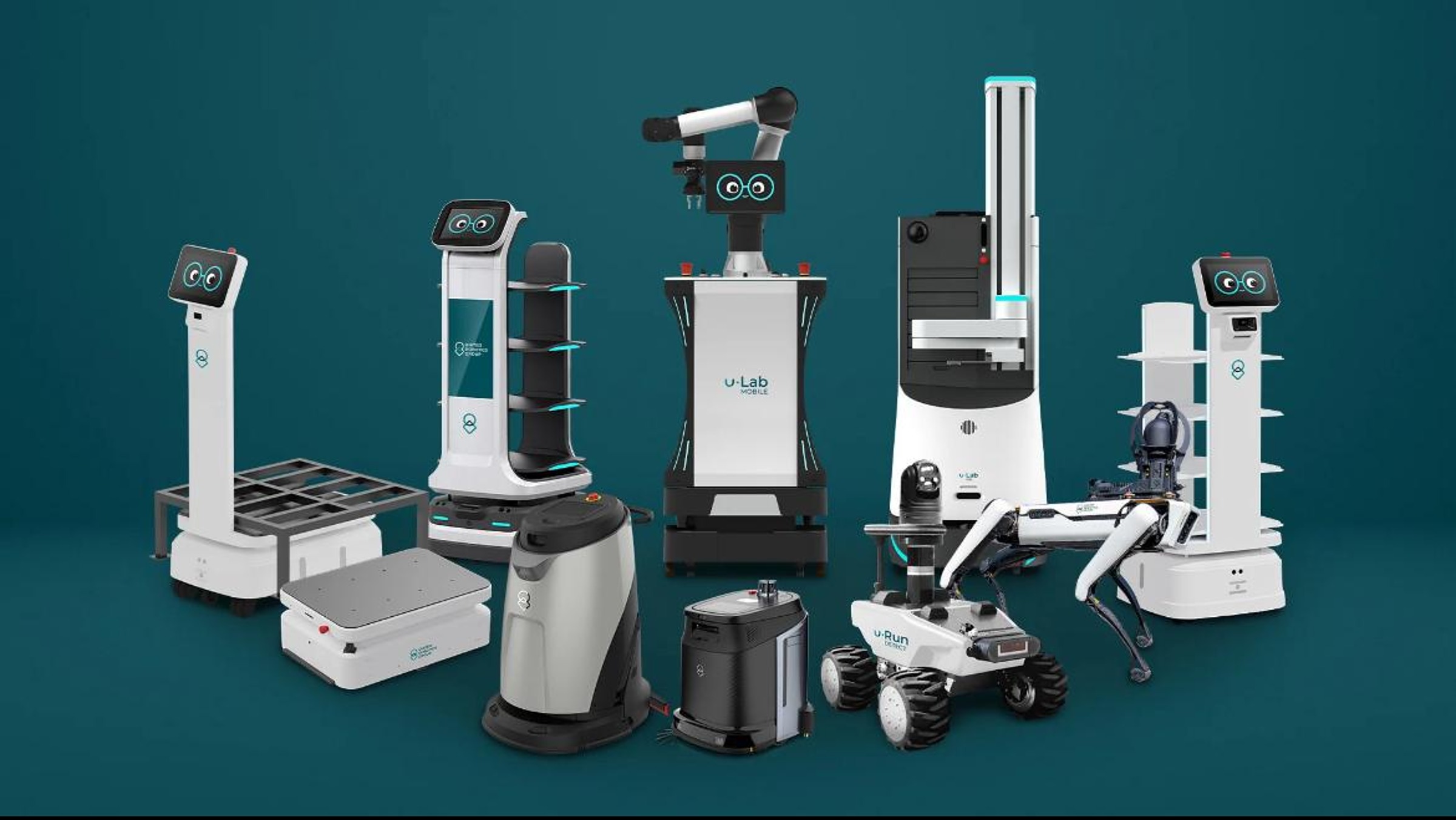 The URG Americas family of autonomous robots — uClean, uLog, uLab, uServe, and uLearn